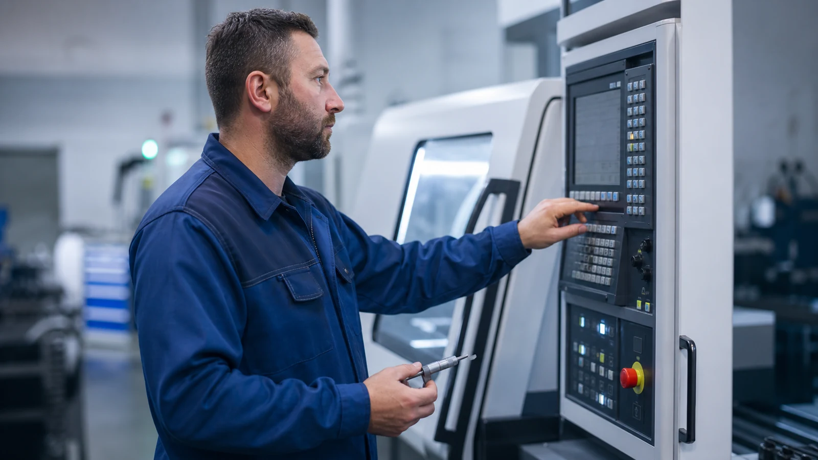 CNC operater podešava obradni centar i mjeri komad
